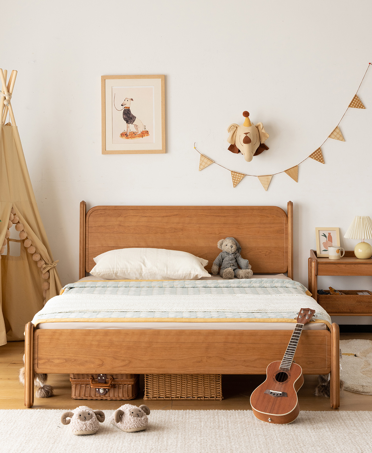 Woody Prime Cherry キッズ用木製シンプルベッド | 安全性とデザイン性