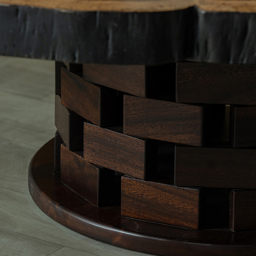 レンガ風木製ローテーブル円形脚