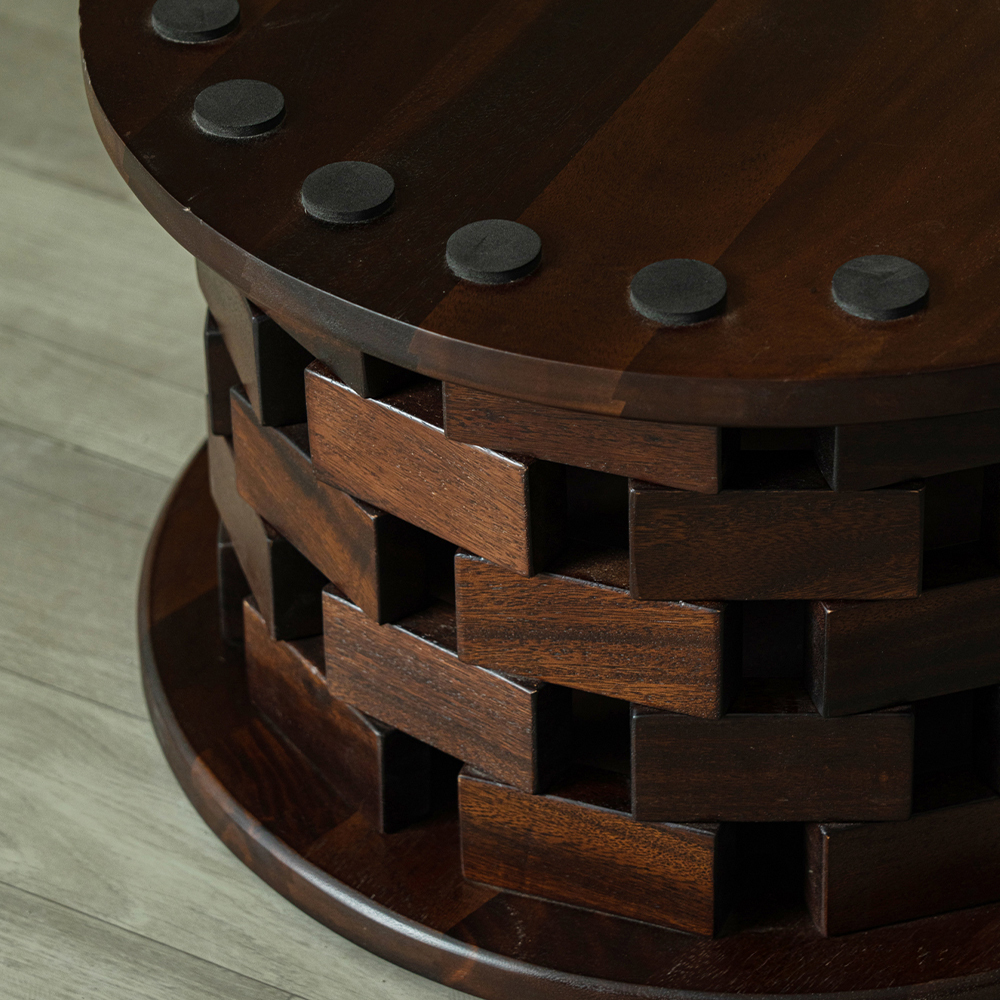 レンガ風木製ローテーブル円形脚