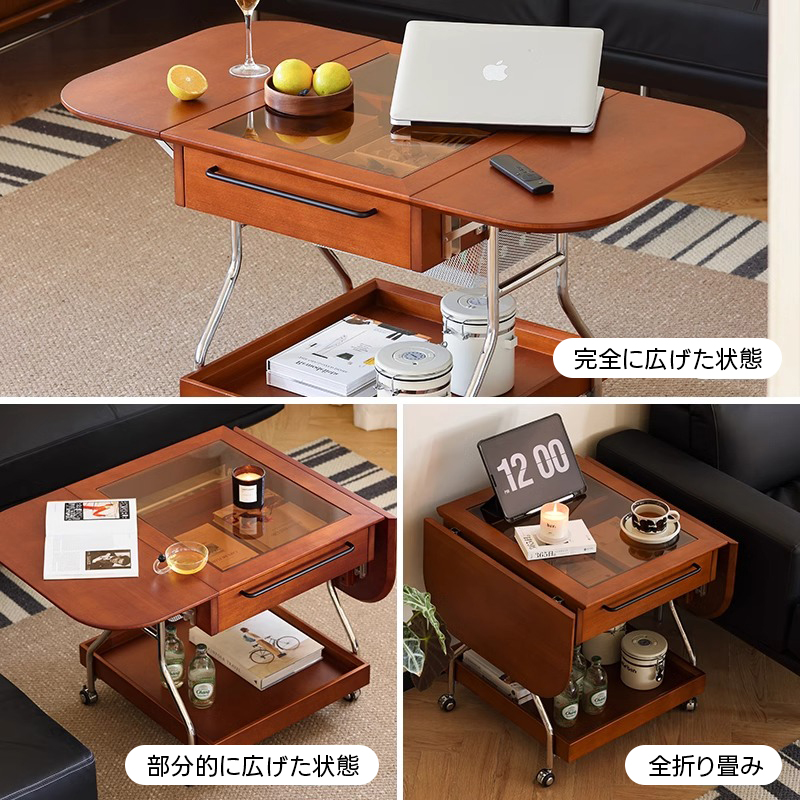 ツゲ材 キャスター付き折りたたみテーブル | 多機能で省スペース ツゲ