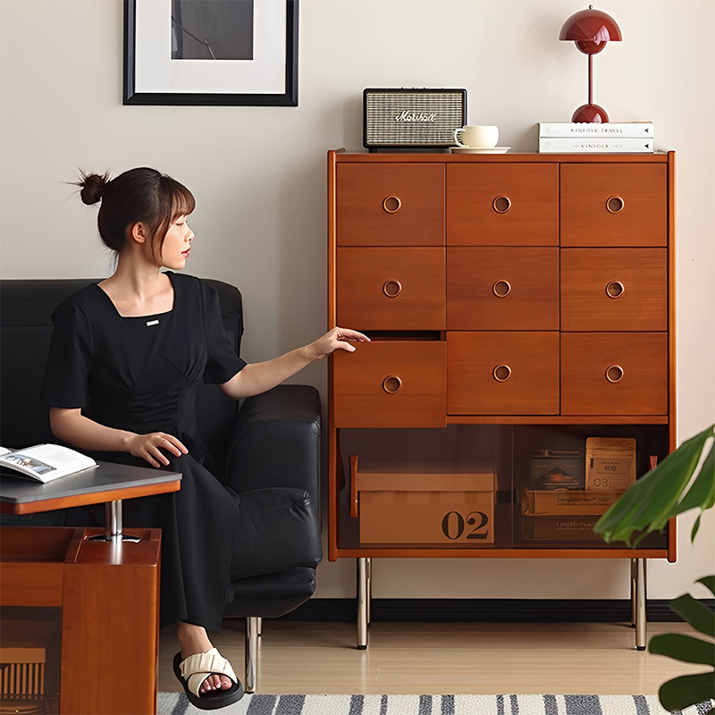 ツゲ材 スライド扉付き9段キャビネット