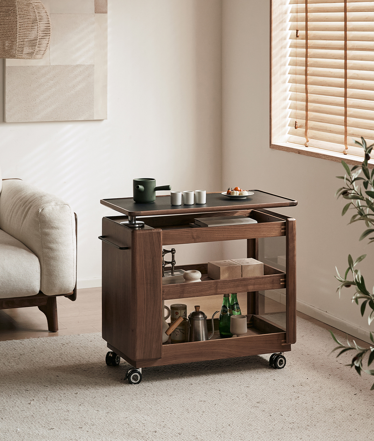 Woody Prime Walnut ウォールナット材 天板昇降マルチユースワゴン