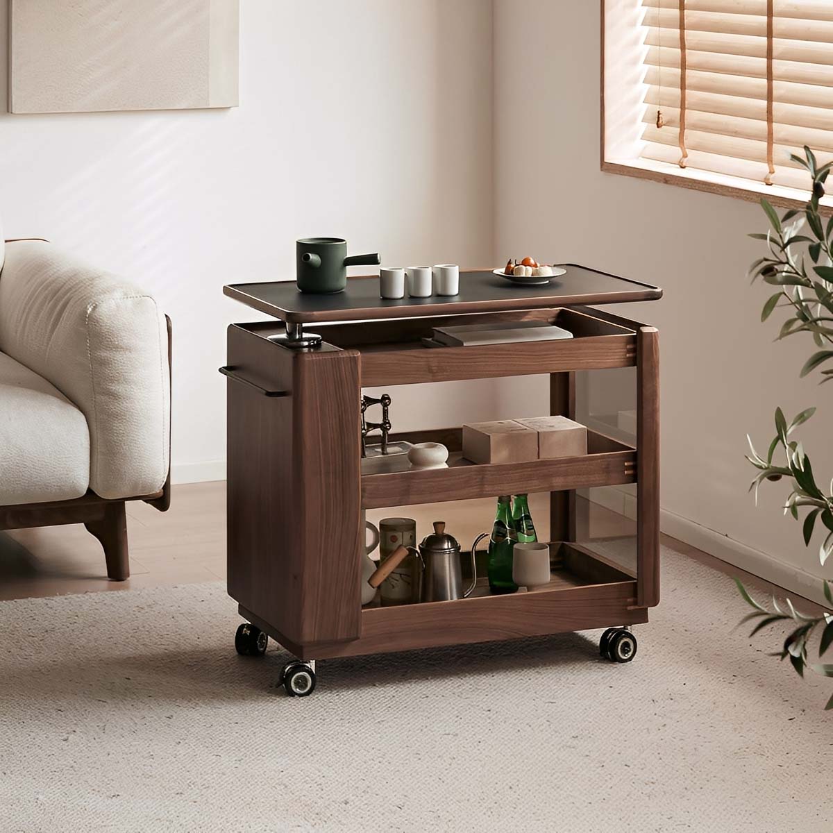 Woody Prime Walnut ウォールナット材 天板昇降マルチユースワゴン