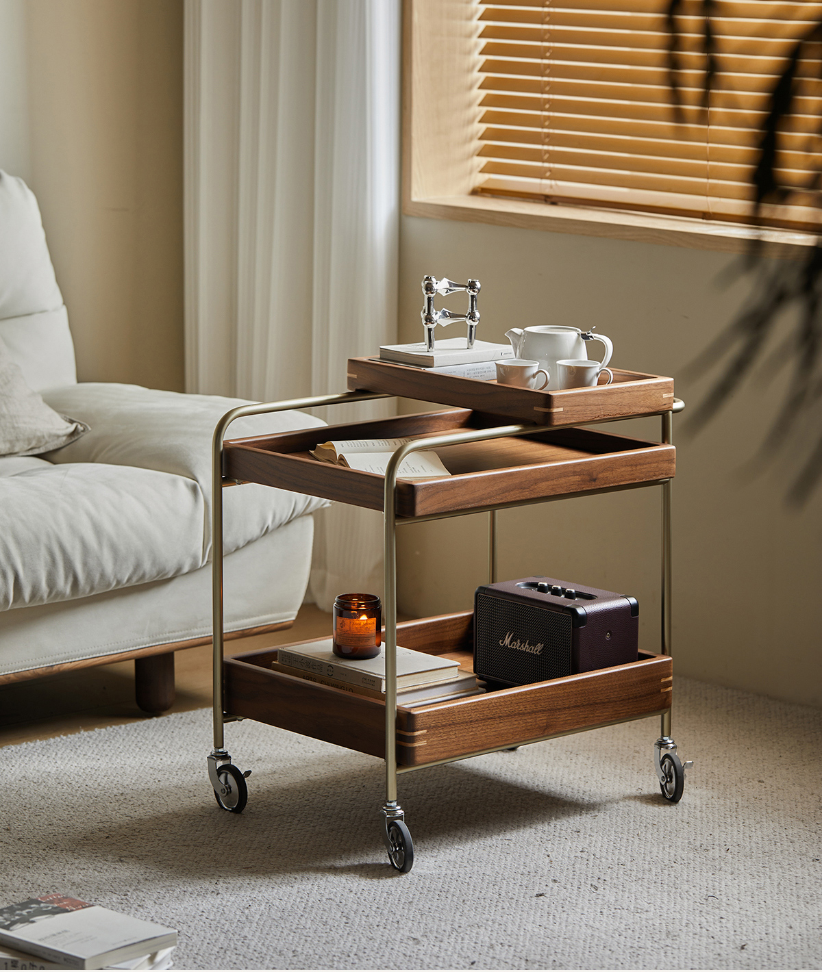 Woody Prime Walnut ウォールナット材 キャスター付きサイドテーブル