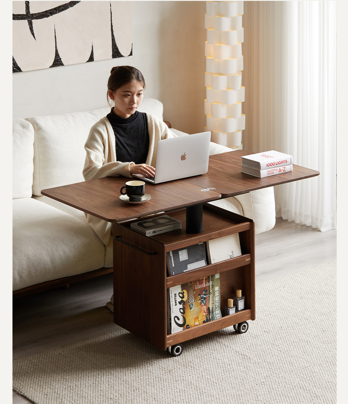 Woody Prime Walnut 拡張回転式キャリーサイドテーブル | 柔軟な可動で