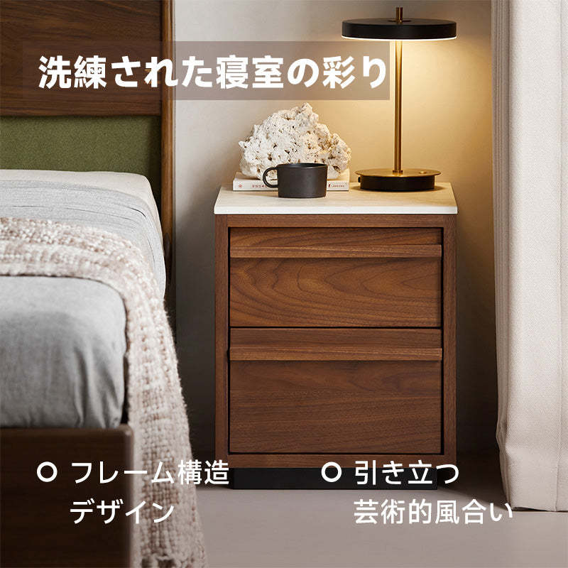 ウォールナット材 大理石調ベッドサイドテーブル
