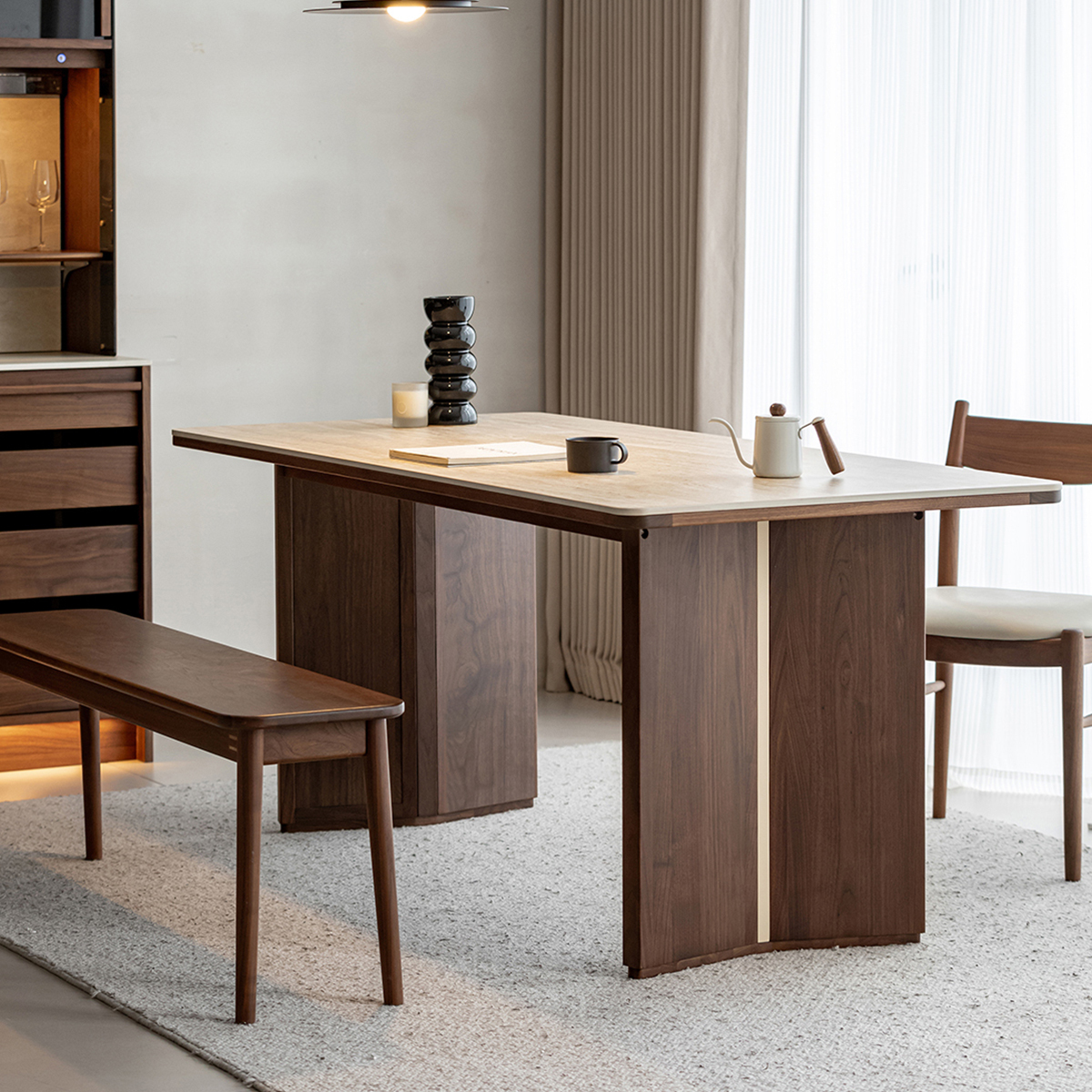 o(^▽^)oダイニングテーブル Woody Prime Walnut ウォールナット材 トラバーチンダイニングテーブル