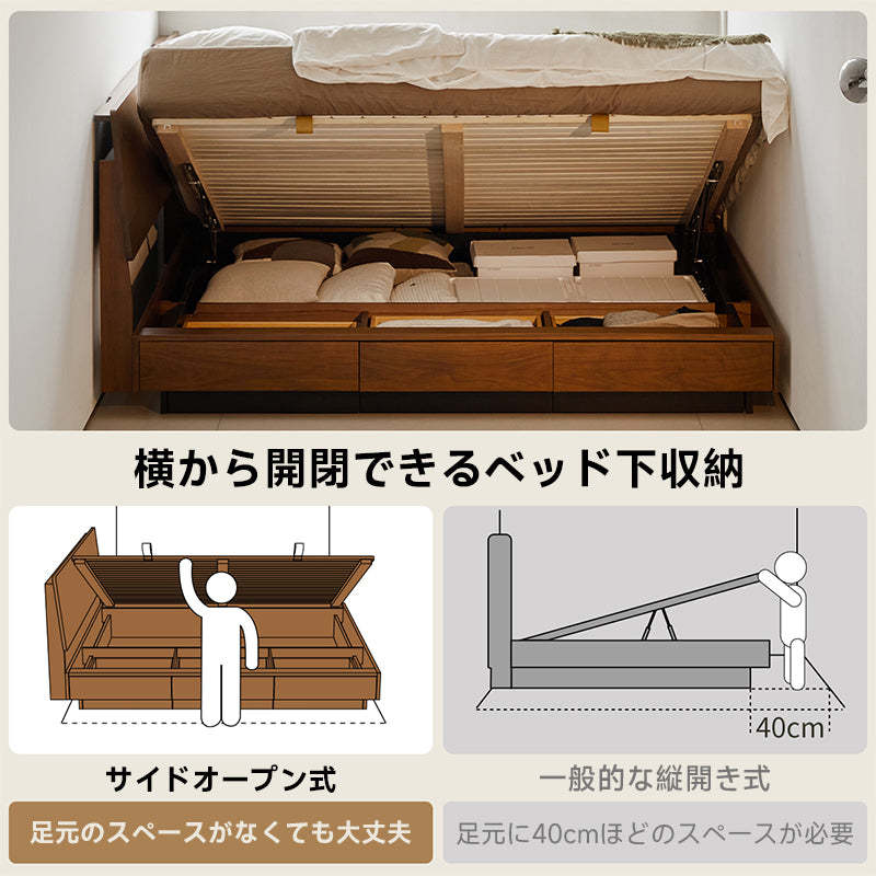 ウォールナット材 サイドオープン収納ダブルベッド