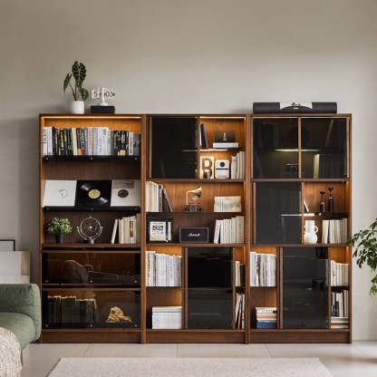 Woody Prime Walnut ウォールナット材 ガラス引き戸付き本棚 | 高級感