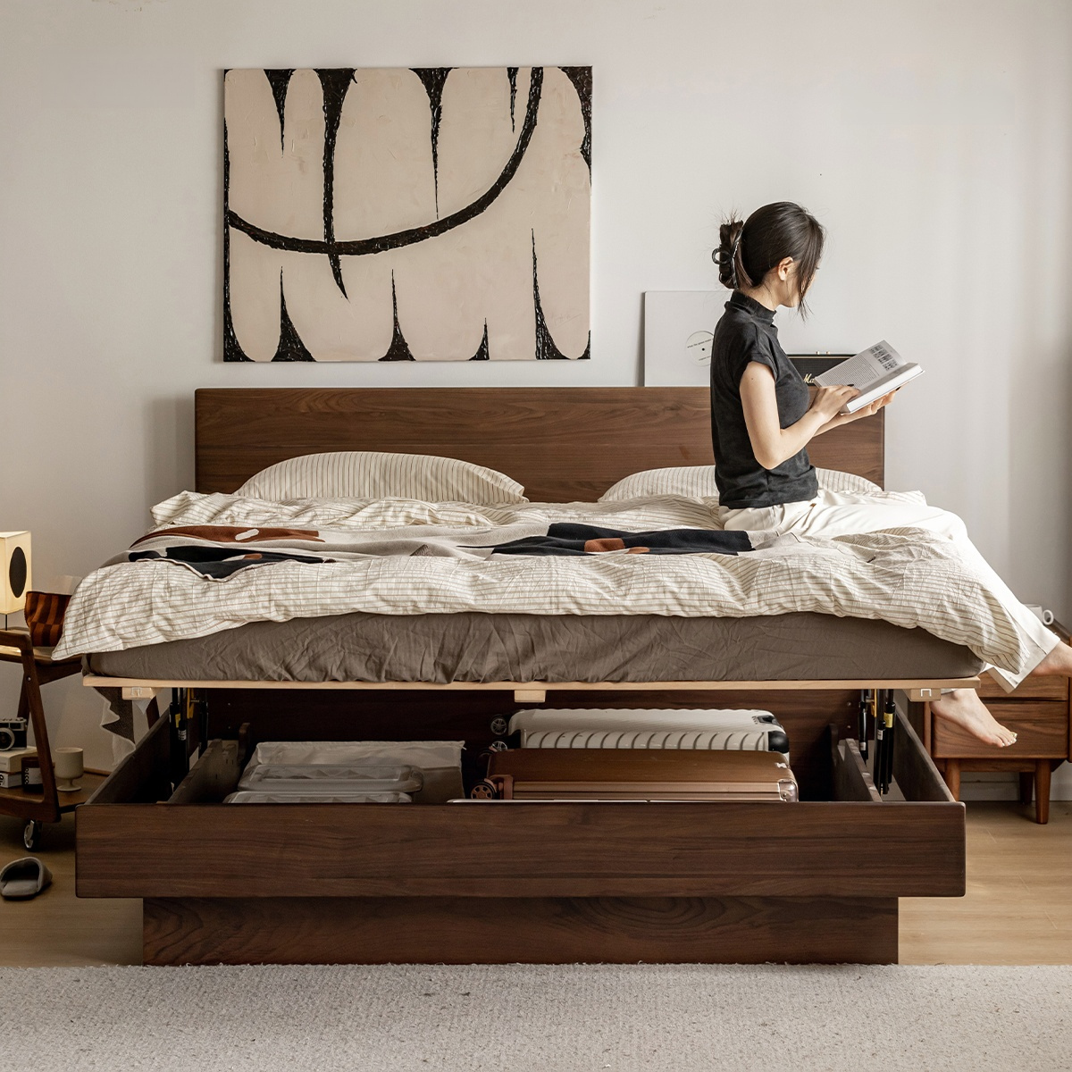 Woody Prime Walnut ウォールナット材 大容量収納付きボックスベッド