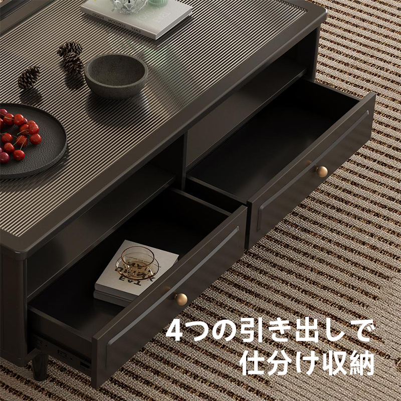 収納付きリブガラス天板ローテーブル 折りたたみ テーブル 収納