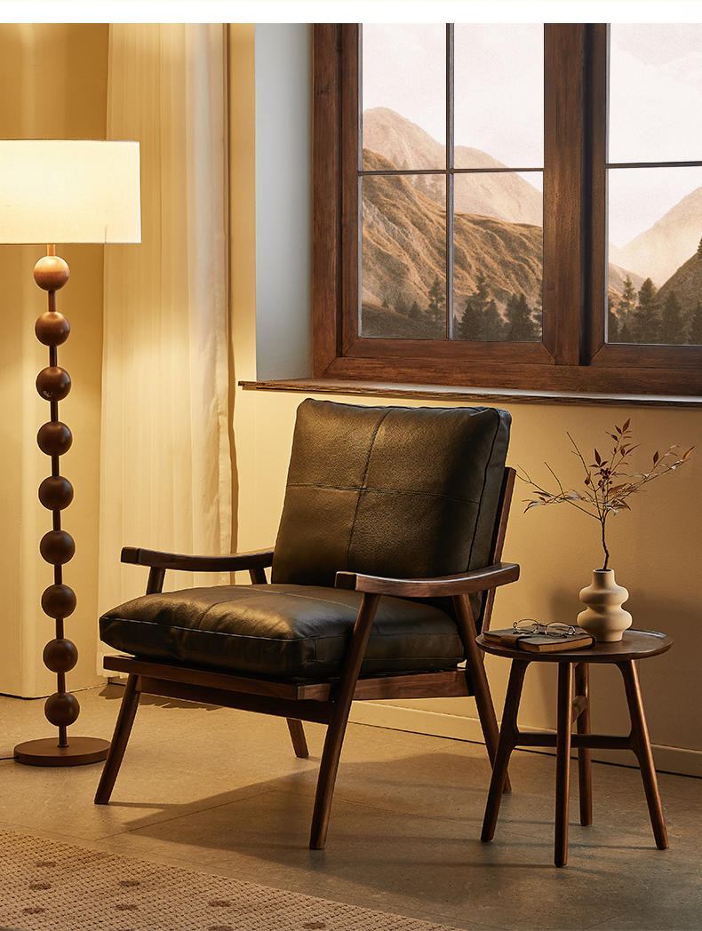 ブラックウォールナット材 ブラックレザーソファチェア | 本革の質感が