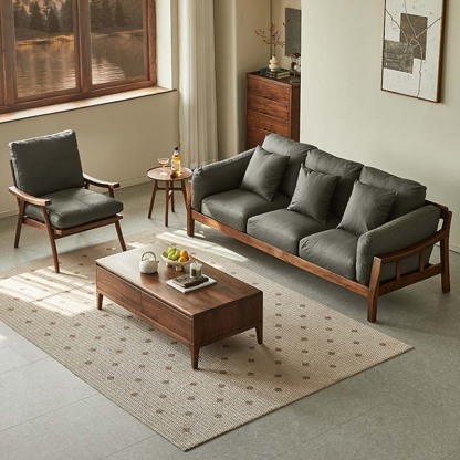 ブラックウォールナット材 ブラックレザーソファチェア | 本革の質感が