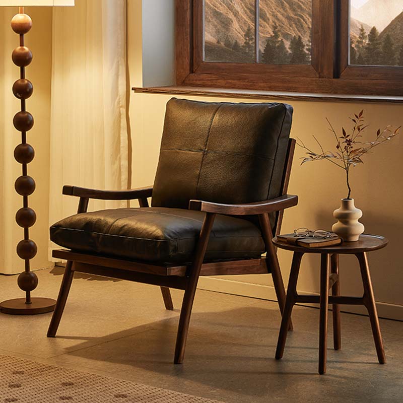 ブラックウォールナット材 ブラックレザーソファチェア | 本革の質感が