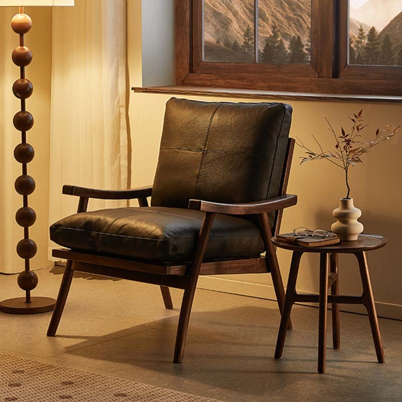 ブラックウォールナット材 ブラックレザーソファチェア