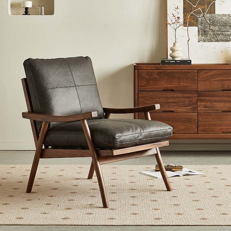 ブラックウォールナット材 ブラックレザーソファチェア