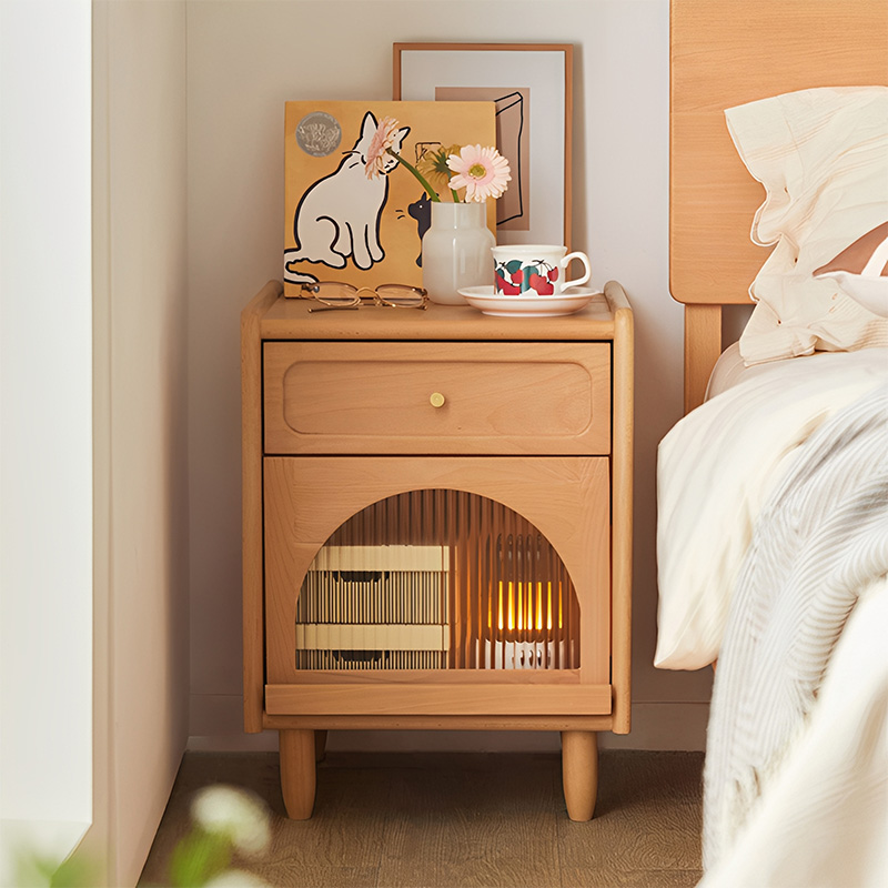 ブナ材リブガラスナチュナルベッドサイドキャビネット | すっきりと