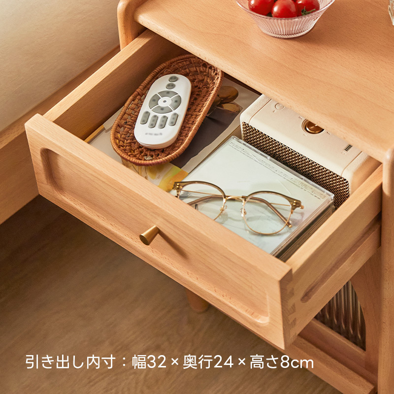 ブナ材リブガラスナチュナルベッドサイドキャビネット