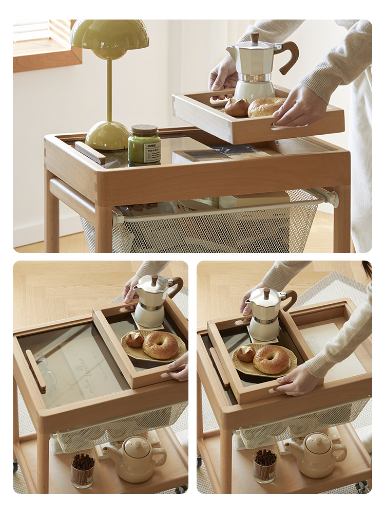 天然木製ワゴンテーブル