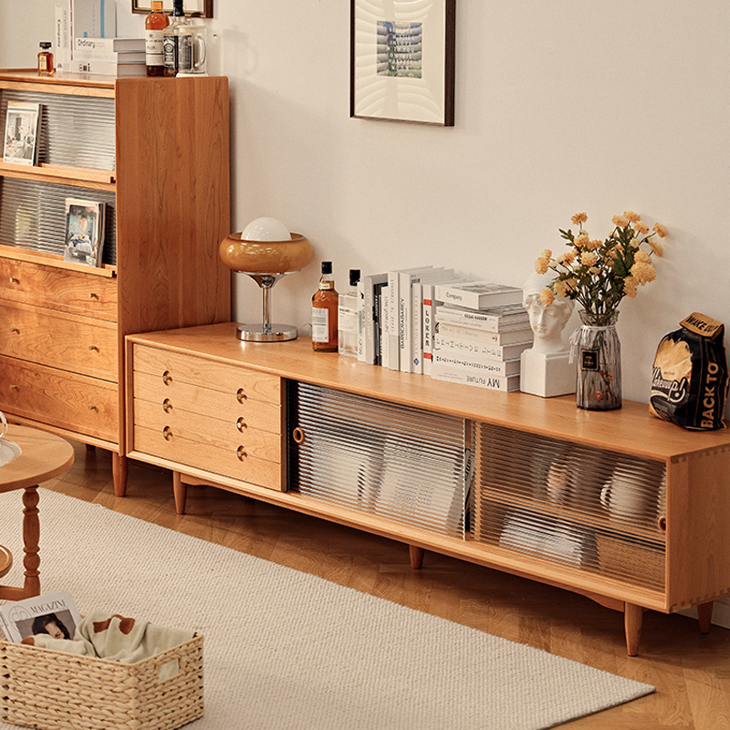 チェリー材 天然木大容量テレビキャビネット