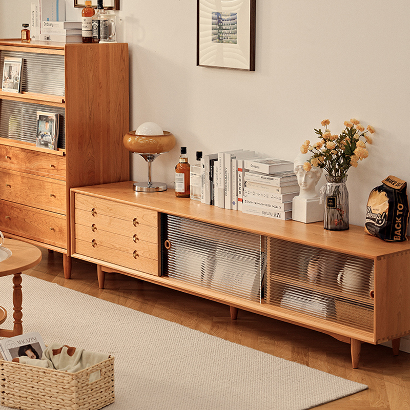 チェリー材 天然木大容量テレビキャビネット