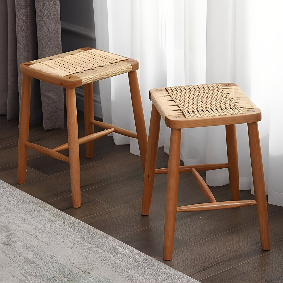 チェリー材 ナチュラルウッドラタン調スツール | 天然木の高級感と