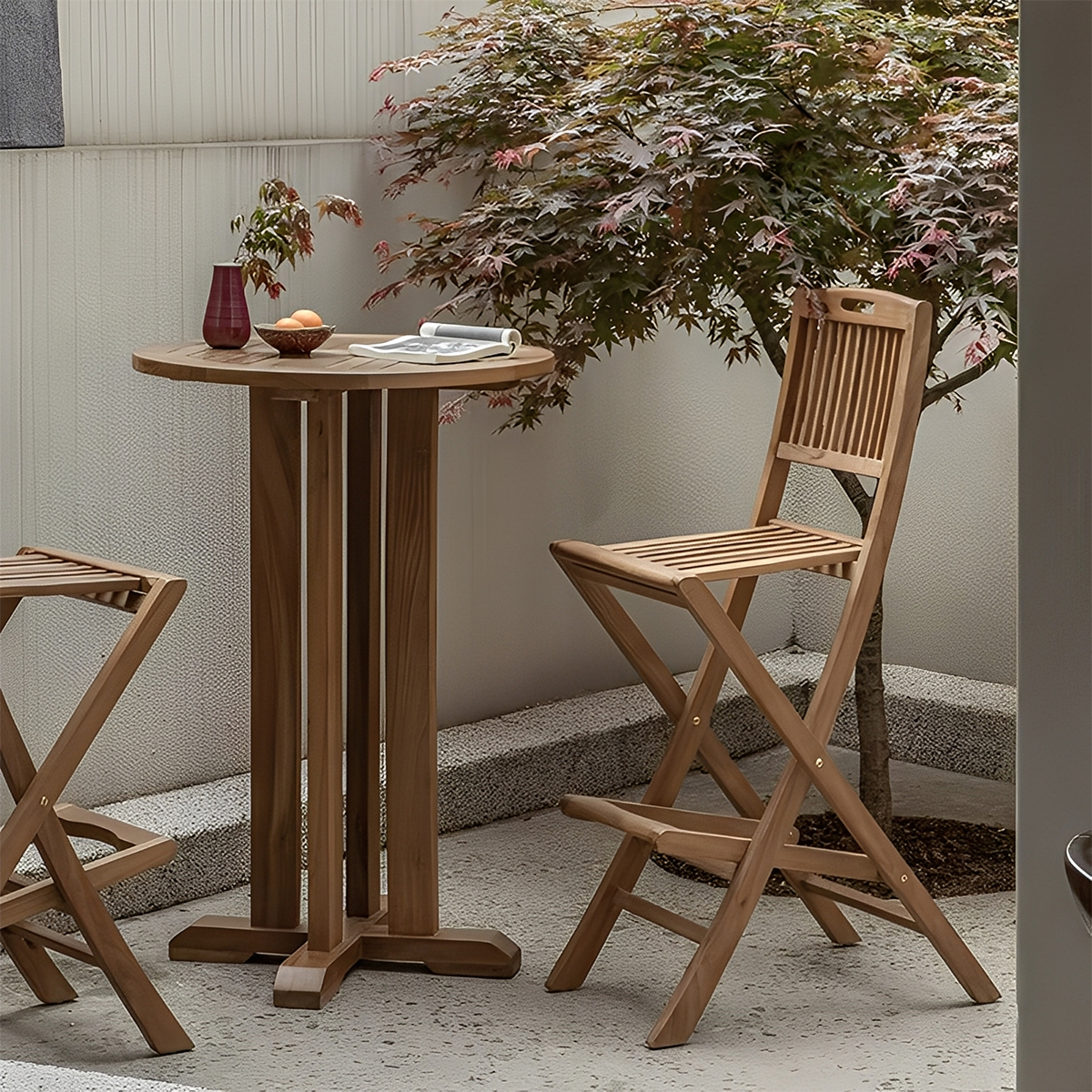 チーク材 屋外用ミニテーブルセット | 折りたたみ椅子付きで省スペース