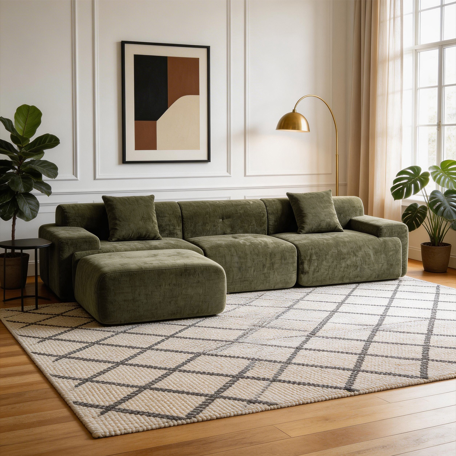 耐摩耗シェニールファブリックワイドソファ