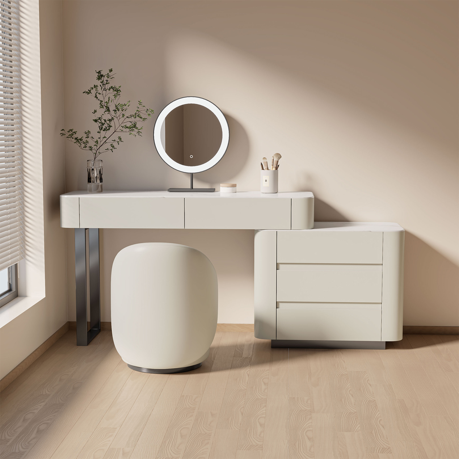 伸縮式モダンキャビネット付ドレッサ－ | 幅調整可能で空間に