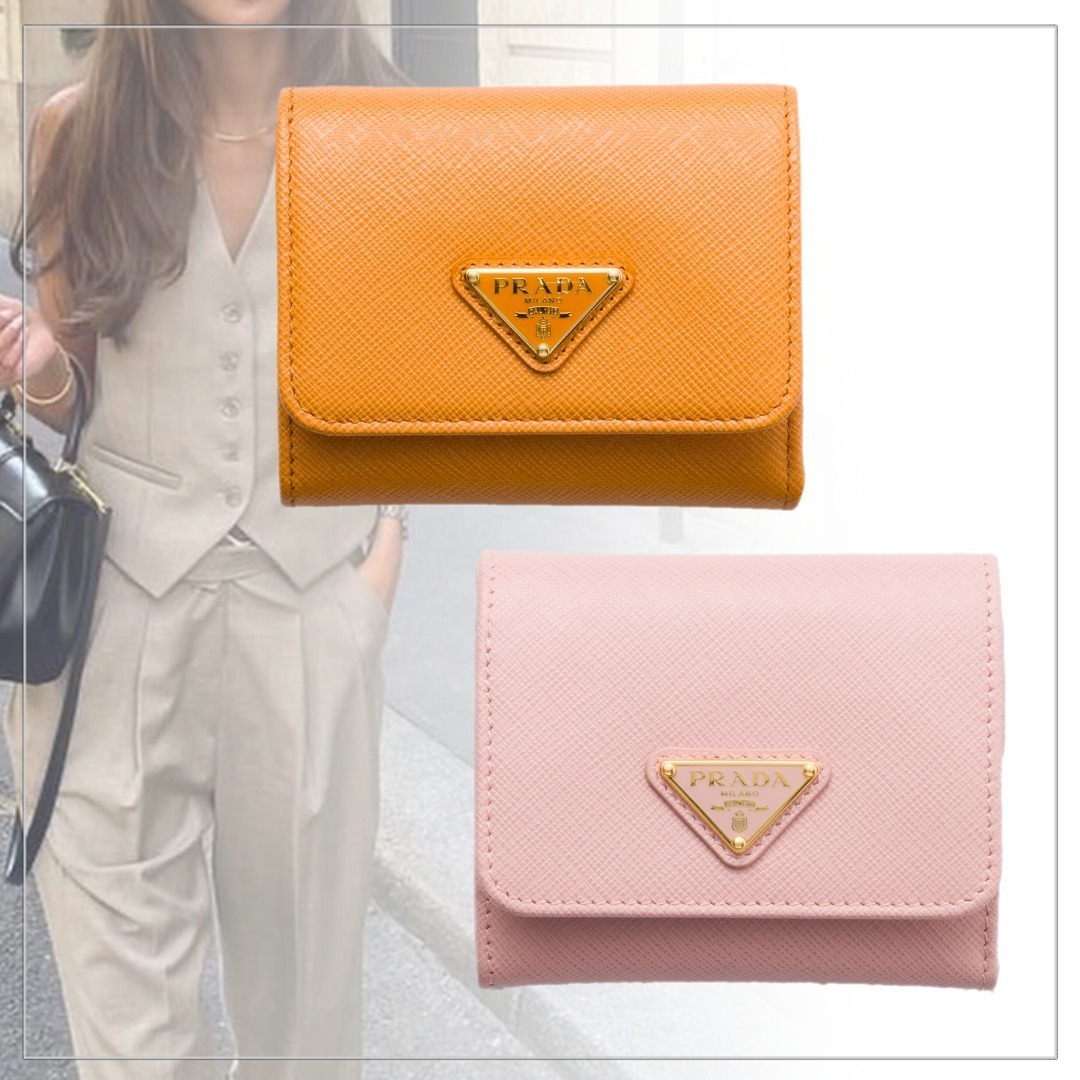 極美品 PRADA レザー サフィアーノ 折り財布 ロゴ金具 ファスナー ピンク 極美品✨】PRADA サフィアーノ フラップ長財布 三角ロゴ レザー