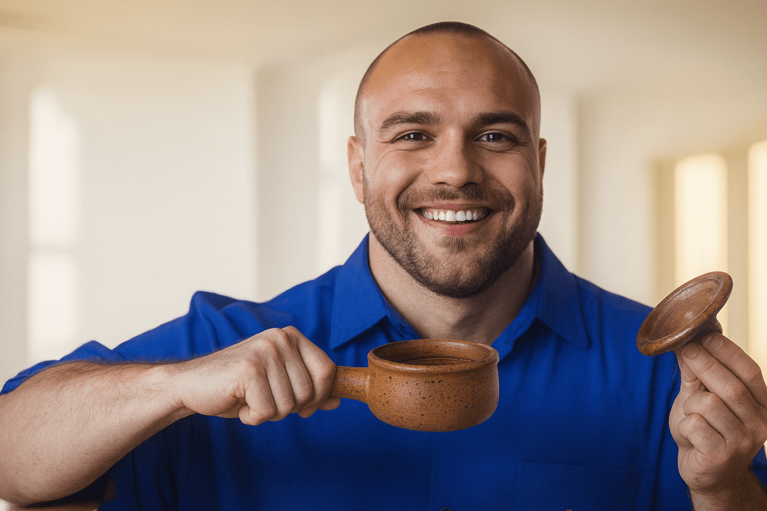 A man holding a ceramic microwave cookware