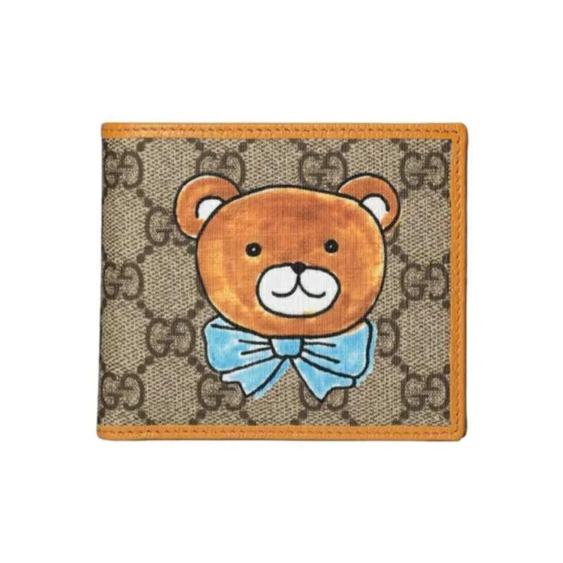 【GUCCI×KAIジョイントモデル】グッチ テディベアプリン トキャンバス＆レザー二つ折り財布 8枚 ベージュ/エボニー