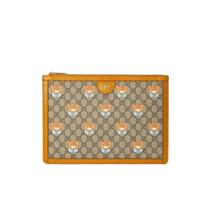 【GUCCI×KAIジョイントモデル】グッチ テディベアプリント キャンバス＆レザー多機能クラッチ ベージュ エボニー