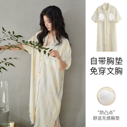 Mid-length, short-sleeve double-layered cotton gauze dress pajamas with padded chest