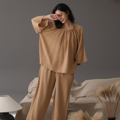 Women's double-layer gauze long-sleeve breathable loose plus-size cotton gauze homewear set