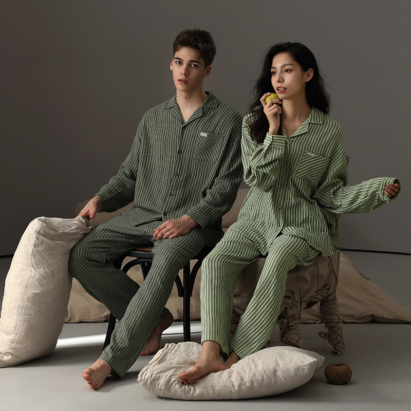 Couple's double-layer gauze long-sleeve loose striped homewear set