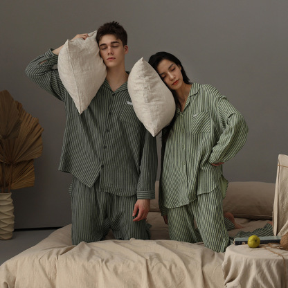 Couple's double-layer gauze long-sleeve loose striped homewear set