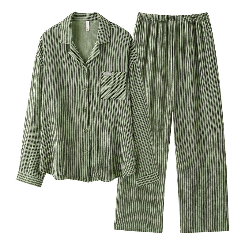 Couple's double-layer gauze long-sleeve loose striped homewear set