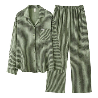 Couple's double-layer gauze long-sleeve loose striped homewear set