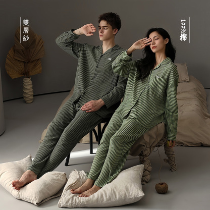 Couple's double-layer gauze long-sleeve loose striped homewear set