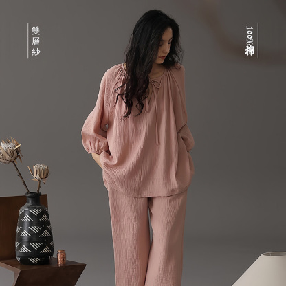 Women's double-layer gauze long-sleeve breathable loose plus-size cotton gauze homewear set