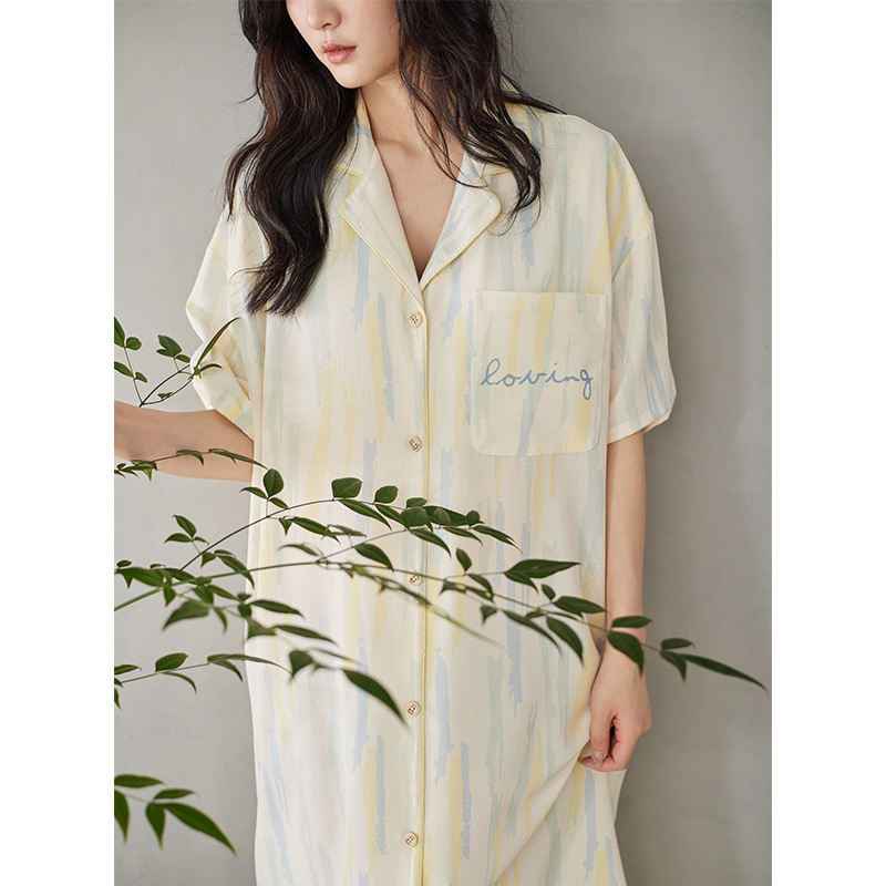 Mid-length, short-sleeve double-layered cotton gauze dress pajamas with padded chest