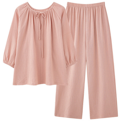 Women's double-layer gauze long-sleeve breathable loose plus-size cotton gauze homewear set