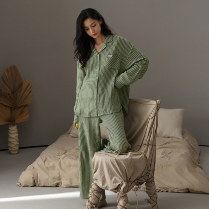 Couple's double-layer gauze long-sleeve loose striped homewear set