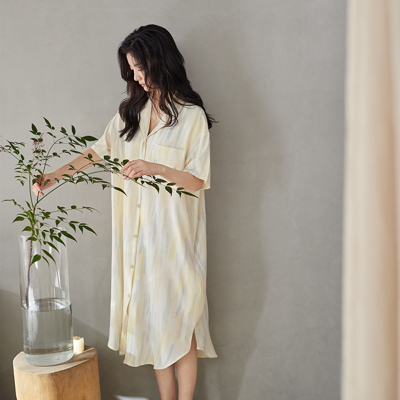 Mid-length, short-sleeve double-layered cotton gauze dress pajamas with padded chest