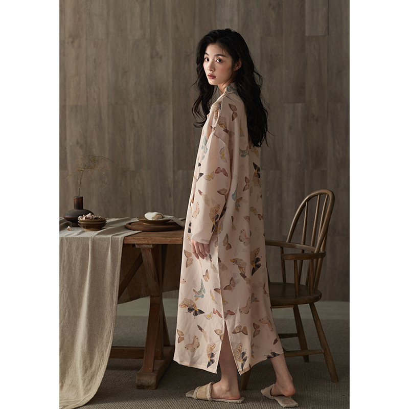 Long-sleeve minimalist-style double-layered cotton gauze bathrobe, mid-length