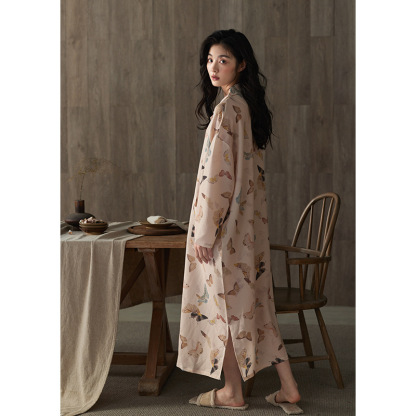 Long-sleeve minimalist-style double-layered cotton gauze bathrobe, mid-length