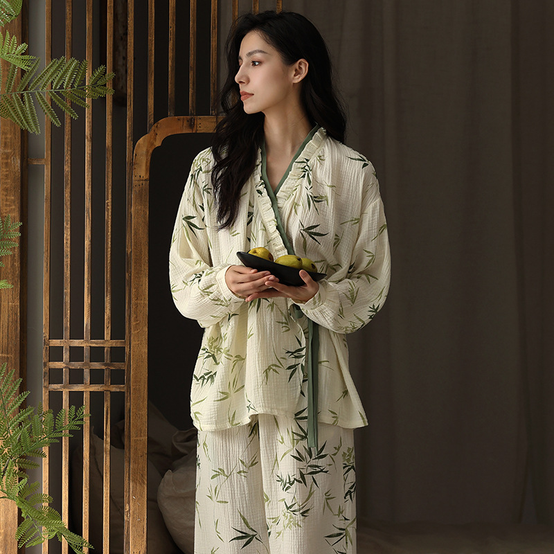 Women's double-layer gauze bamboo leaf pattern homewear set