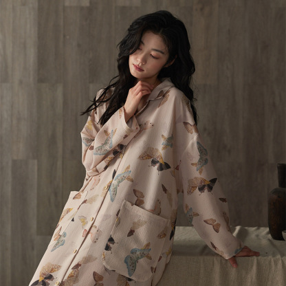 Long-sleeve minimalist-style double-layered cotton gauze bathrobe, mid-length