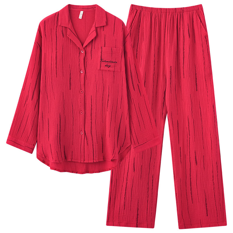 Couple's double-layer gauze festive wedding or birth year homewear set with chest padding